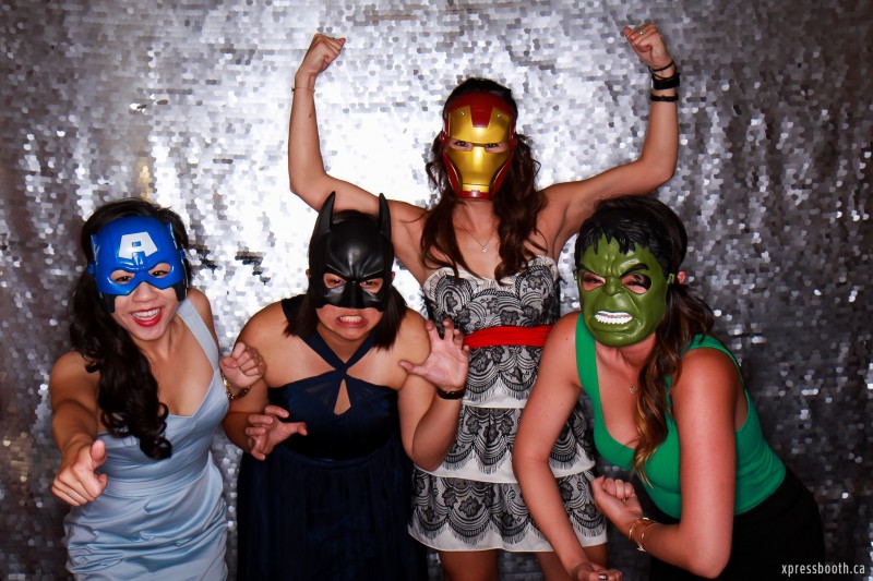 Fun with superhero masks! silver sequins backdrop photobooth