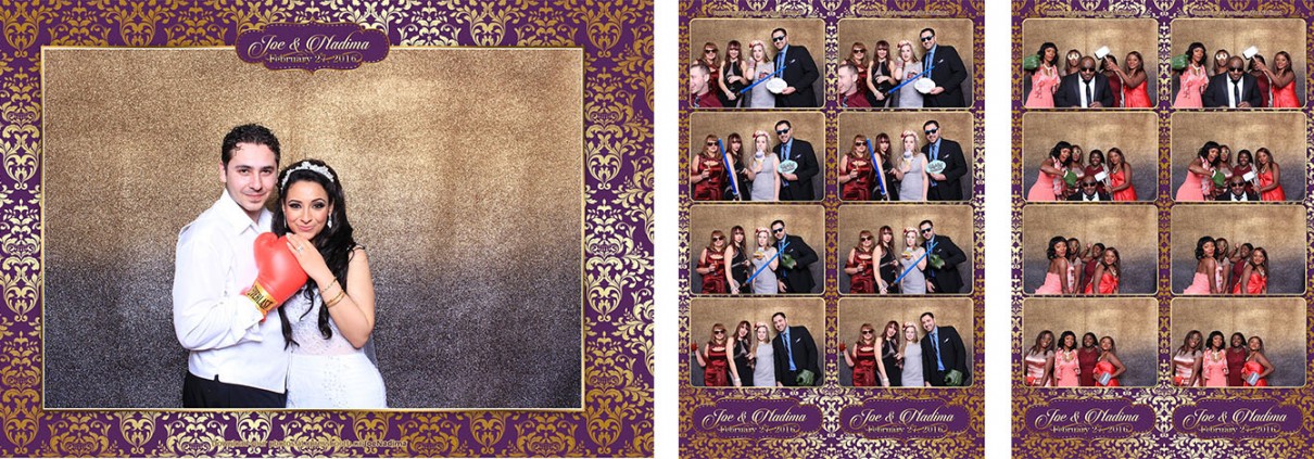 Elegant deep eggplant purple & gold wedding photo booth at the Carriage House Inn