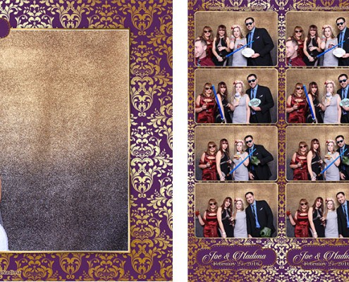 Elegant deep eggplant purple & gold wedding photo booth at the Carriage House Inn